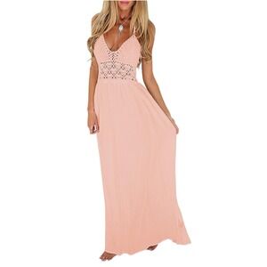 Boho Coquette Girl Lilbetter Crochet Lace Halter Maxi Dress Peach Summer XL NWT